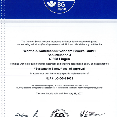 Zertifikat Berufsgenossenschaft Holz und Metall Englisch