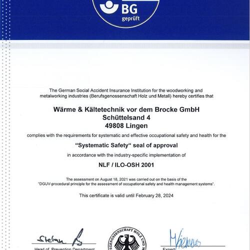 Zertifikat Berufsgenossenschaft Holz und Metall Englisch