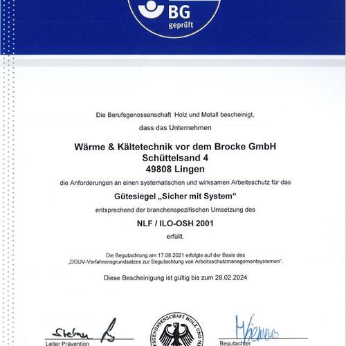 Zertifikat Berufsgenossenschaft Holz und Metall
